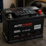 Czarny akumulator samochodowy Auto Power 60Ah na warsztatowym stole