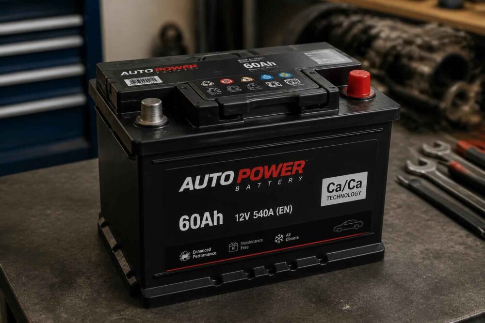 Czarny akumulator samochodowy Auto Power 60Ah na warsztatowym stole