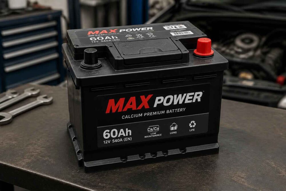 Czarny akumulator Max Power 60Ah stojący na blacie warsztatowym