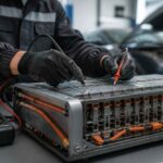 Mechanik sprawdza moduł baterii samochodu elektrycznego za pomocą mierników elektrycznych w warsztacie