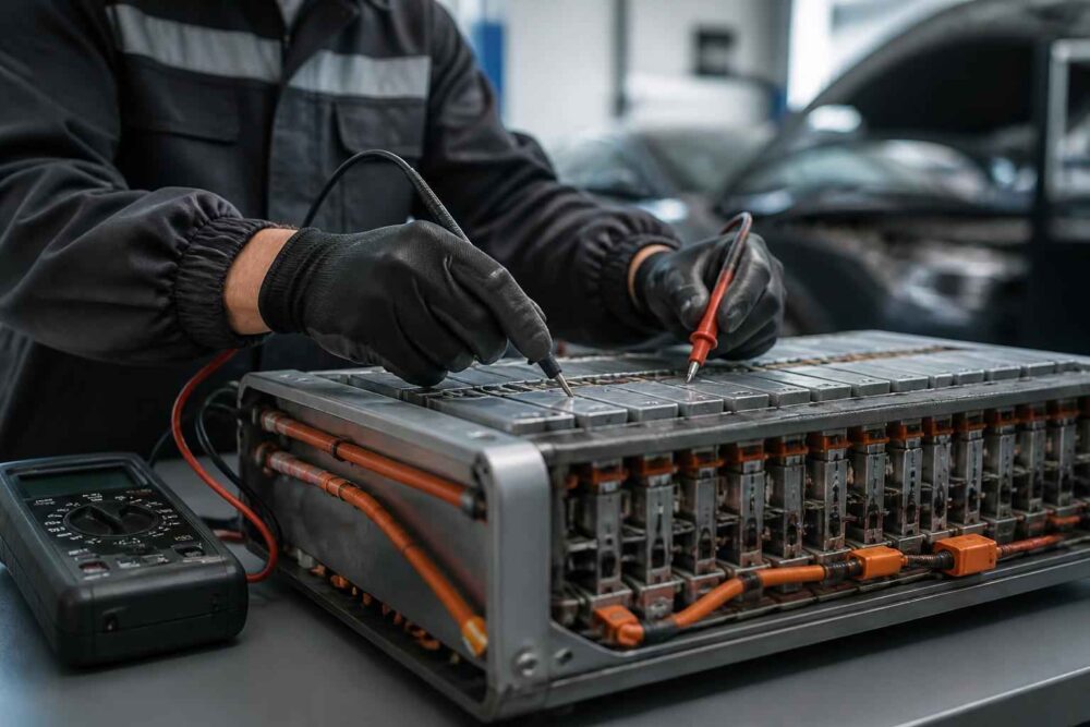 Mechanik sprawdza moduł baterii samochodu elektrycznego za pomocą mierników elektrycznych w warsztacie