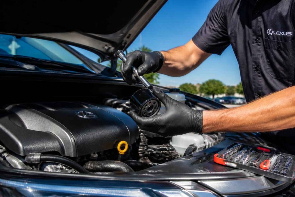 Mechanik w rękawiczkach pracuje przy silniku samochodu Lexus pod otwartą maską