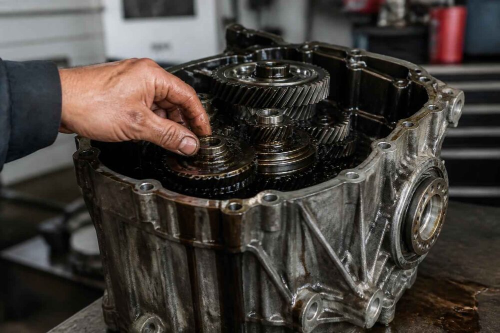 Mechanik trzyma element przekładni w otwartej skrzyni biegów samochodu
