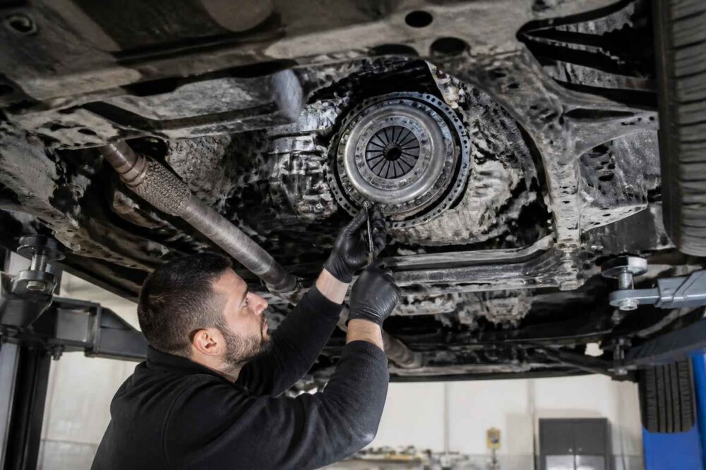 Mechanik pracujący przy sprzęgle samochodu uniesionego na podnośniku warsztatowym