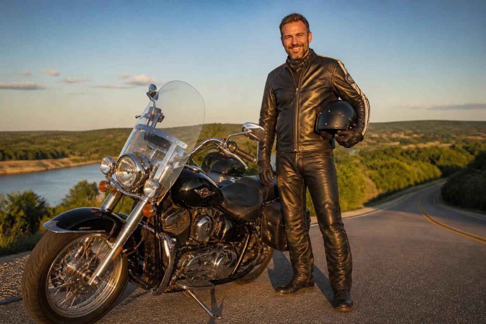 Motocyklista w skórzanym stroju stoi obok motocykla na drodze nad rzeką