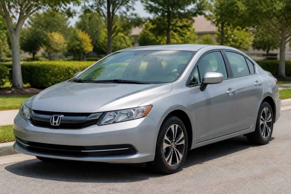 Srebrna Honda Civic sedan zaparkowana przy ulicy w zielonej, osiedlowej okolicy