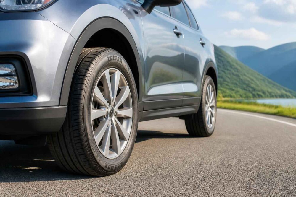 Srebrny SUV zaparkowany na asfaltowej drodze z górami i jeziorem w tle
