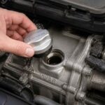 Dłoń odkręca korek wlewu oleju na silniku samochodowym marki VW AG