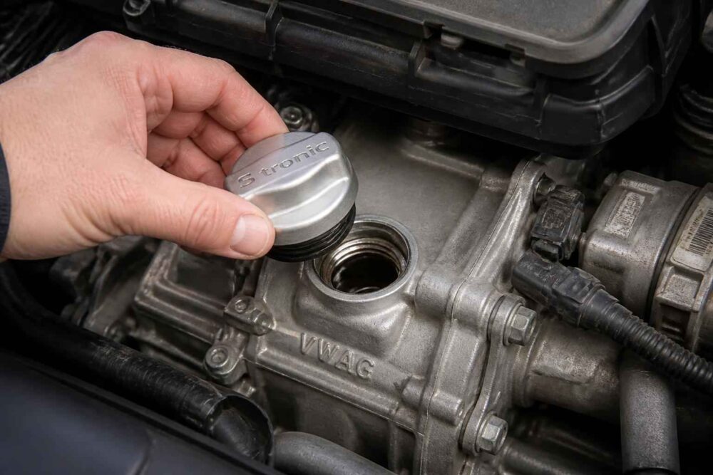 Dłoń odkręca korek wlewu oleju na silniku samochodowym marki VW AG