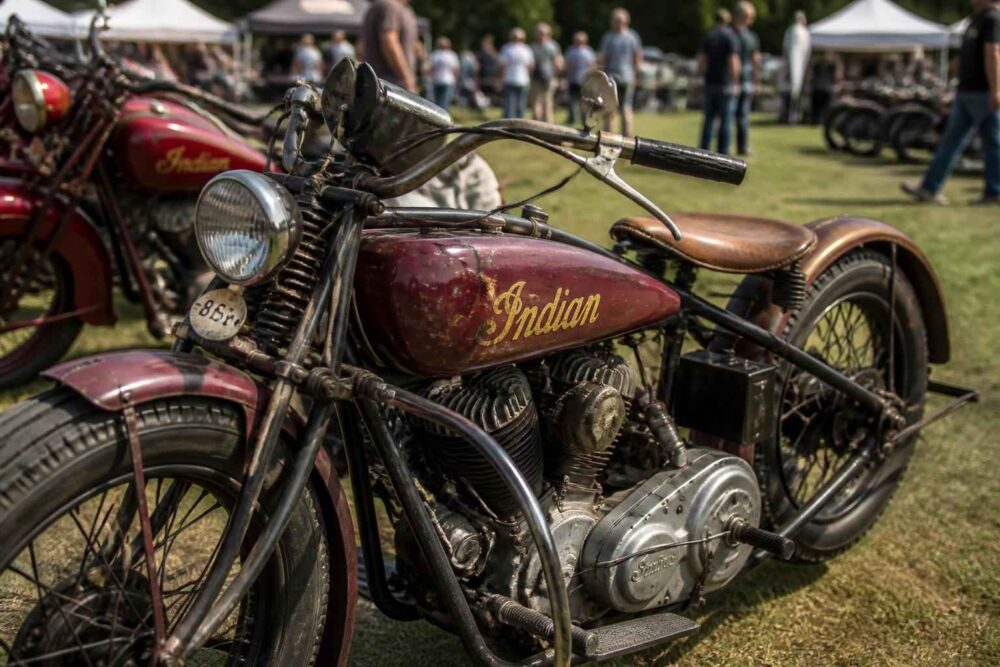 Zabytkowy motocykl Indian z czerwonym zbiornikiem zaparkowany na trawie podczas zlotu motocykli